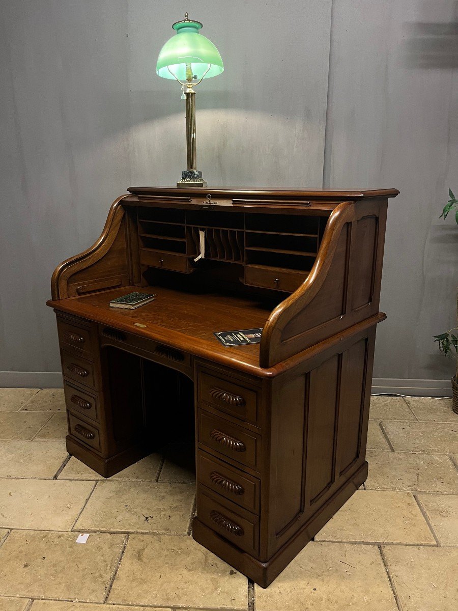 American Desk In Blond Mahogany With Cylinder -photo-2