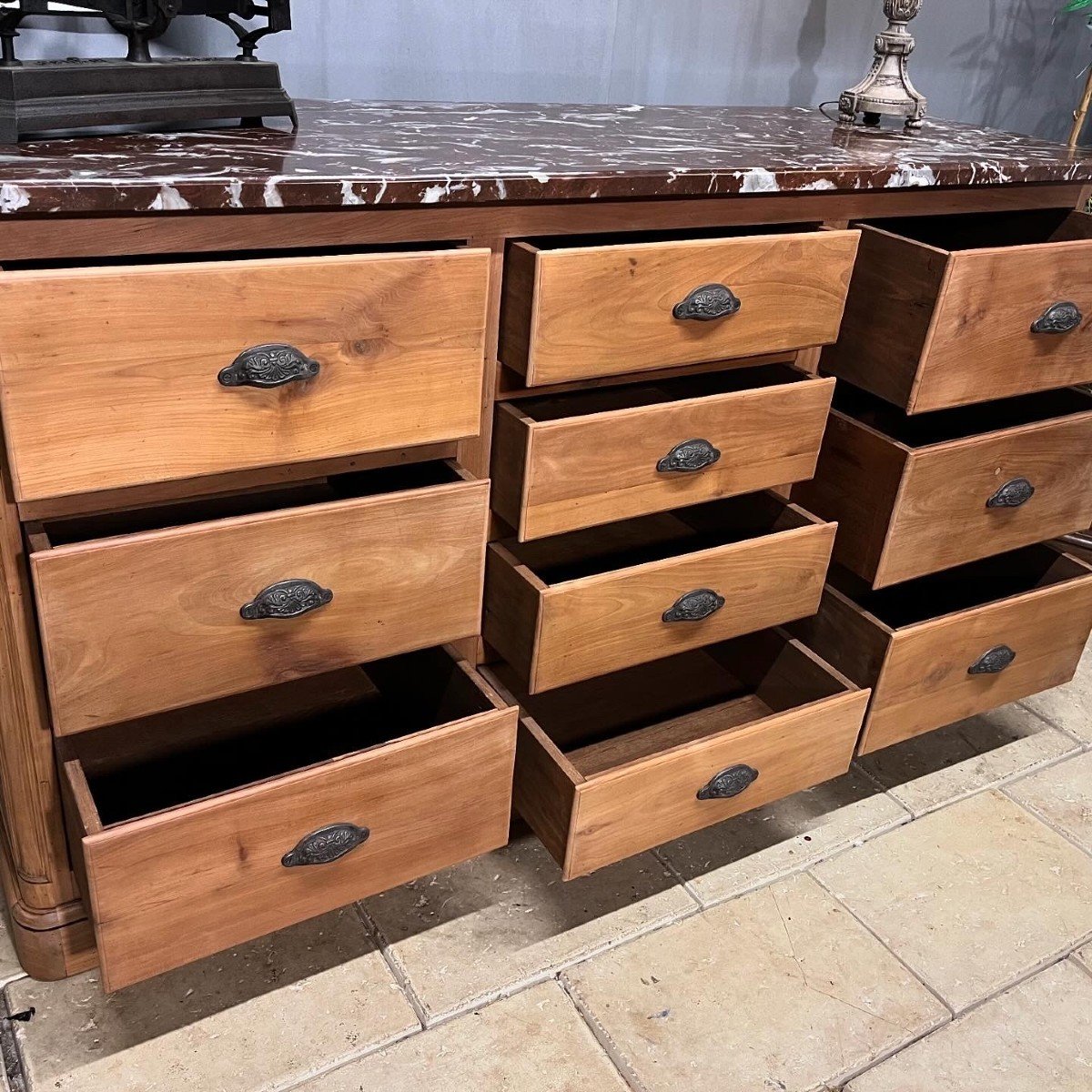 Natural Wood Confectionery Sideboard 10 Drawers Marble Top-photo-3