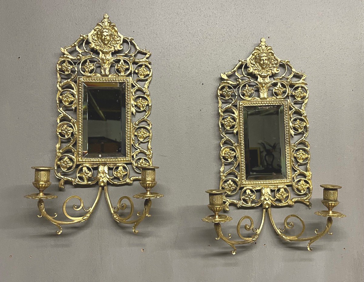 Paire d'Applique Chandeliers  En Bronze Cadre Miroir Napoléon III