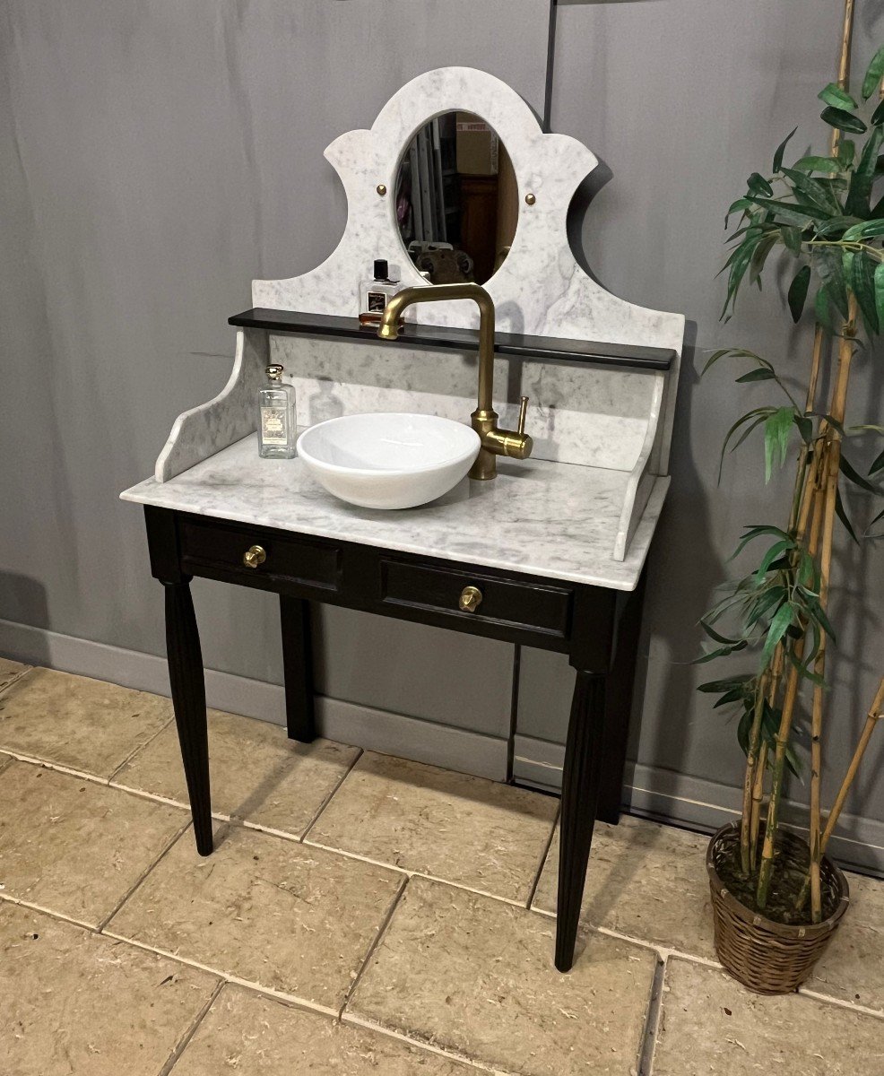 Small 1930s Bathroom Cabinet In Black Wood, White Marble Top Bath-photo-3