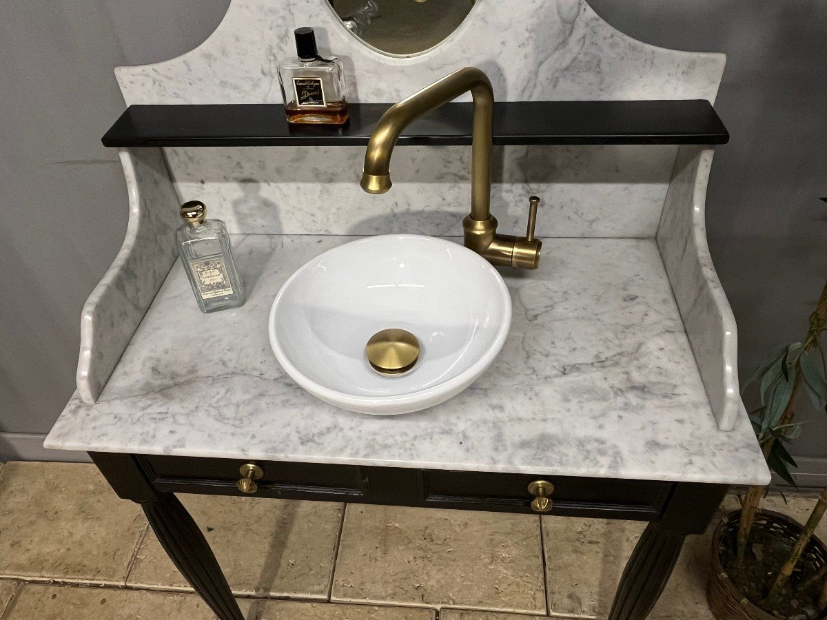 Small 1930s Bathroom Cabinet In Black Wood, White Marble Top Bath-photo-4