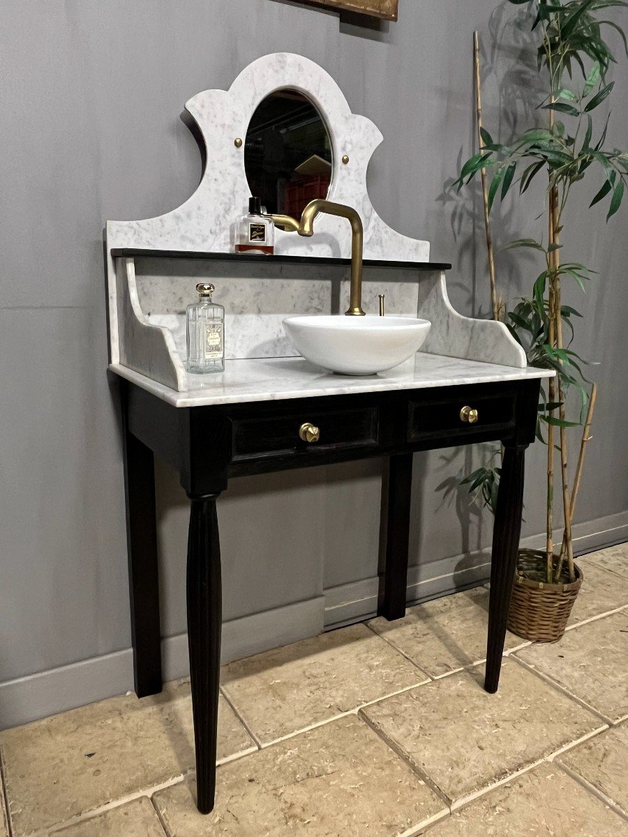 Small 1930s Bathroom Cabinet In Black Wood, White Marble Top Bath