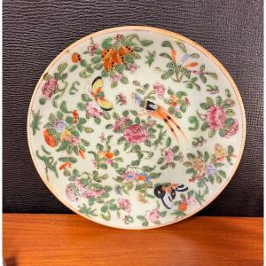 Chinese Porcelain Plate Green Celadon Butterfly Birds Polychrome