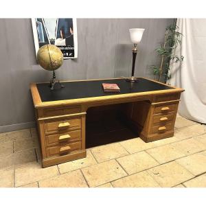 Large  " Banque De France  " Desk With Box In Oak And Leather