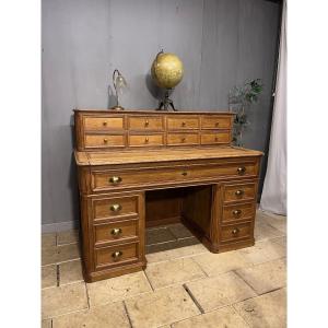 Large Oak Architect's Desk With Pedestals, Drawers, Secretary