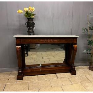 Charles X Period Console In Marquetry Rosewood White Marble Top 