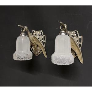 Pair Of Art Deco Wall Lights Birds In Nickel Plated Bronze Storks