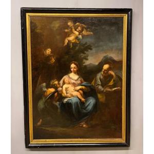 Large Religious Painting Virgin And Child 17th Century Angelot Saint Joseph