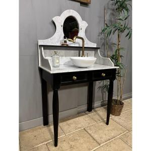 Petit Meuble De Salle De Toilette Années 30 En Bois Noir , Dessus Marbre Blanc Bain