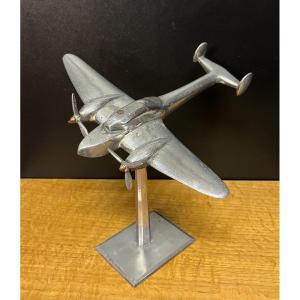 Art Deco Aluminum Airplane Model Office Decor Twin Engines