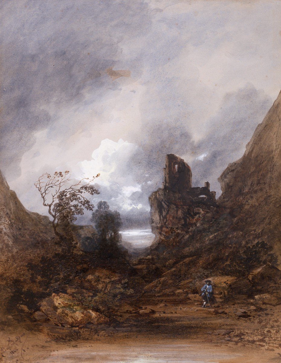 Gabriel-Hippolyte LEBAS (1812-1880), Paysage orageux au donjon en ruine