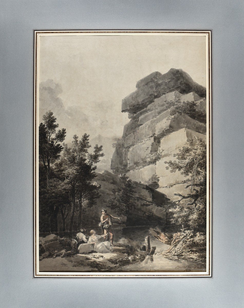 Constantin d'Aix (1756-1844) Animated Landscape With Rocks, Feather, Black Ink Wash-photo-2