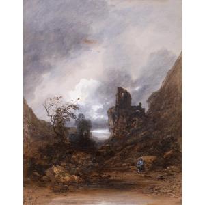 Gabriel-hippolyte Lebas (1812-1880), Stormy Landscape With A Ruined Keep