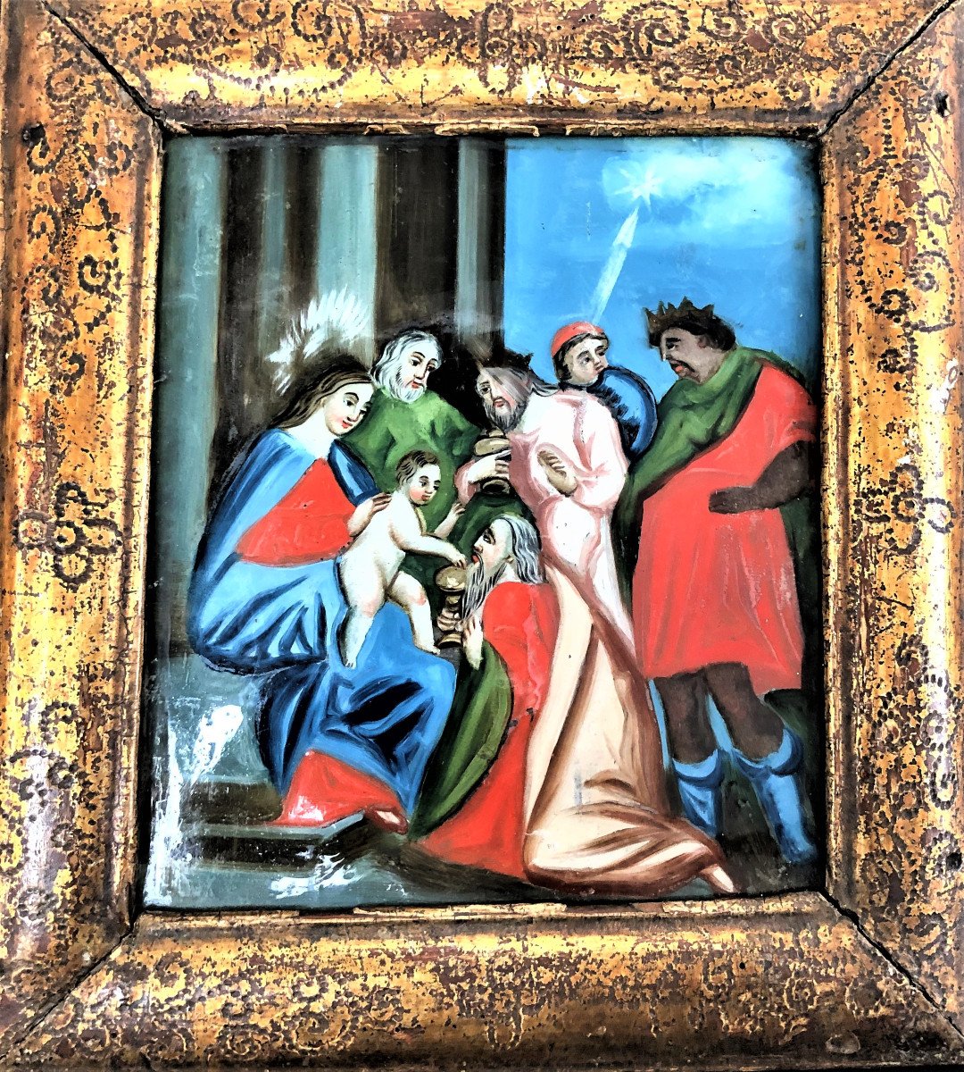 Fixé Sous Verre XVIII Siècle Avec Cadre D Origine XVIII   Adoration Des Rois Mages