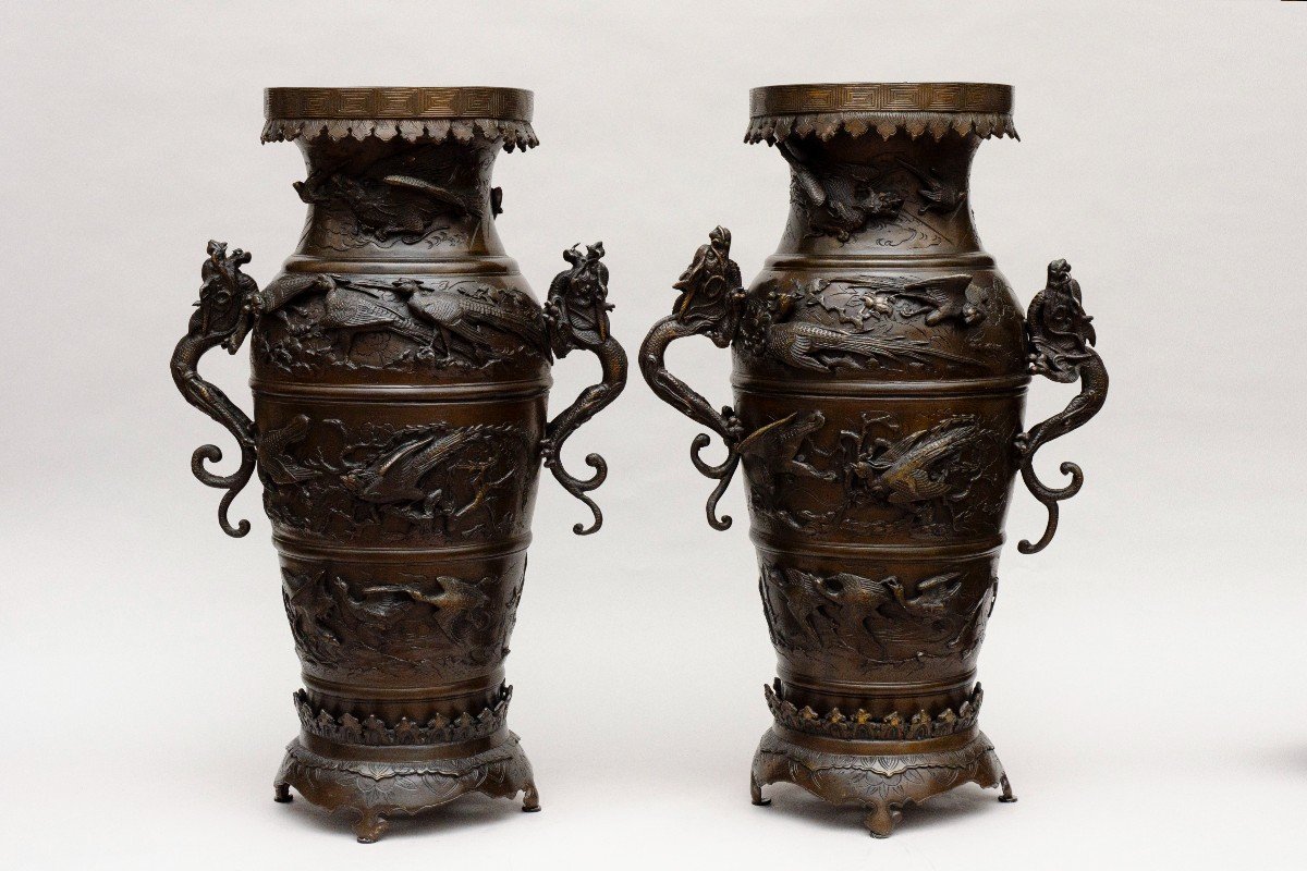 Pair Of Bronze Vases-lamps, Japan Meiji Period (1868–1912)-photo-5