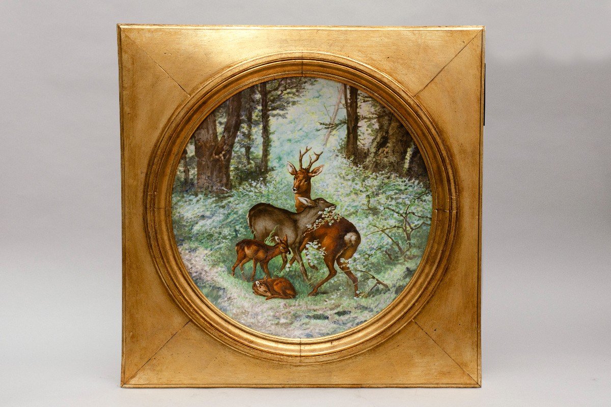 Pair Of Plates, “families Of Deer And Roe Deer”, Earthenware, Signed Narcisse Vivien. France-photo-1