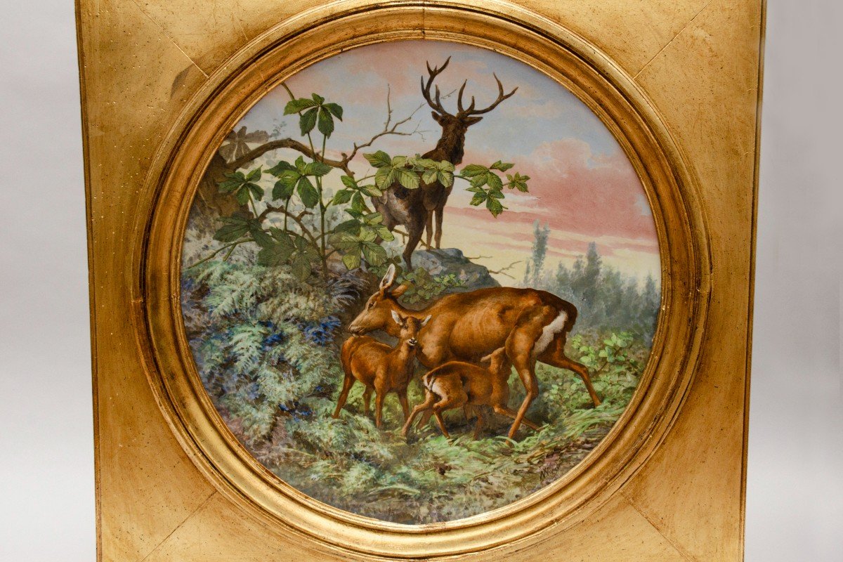Pair Of Plates, “families Of Deer And Roe Deer”, Earthenware, Signed Narcisse Vivien. France-photo-2