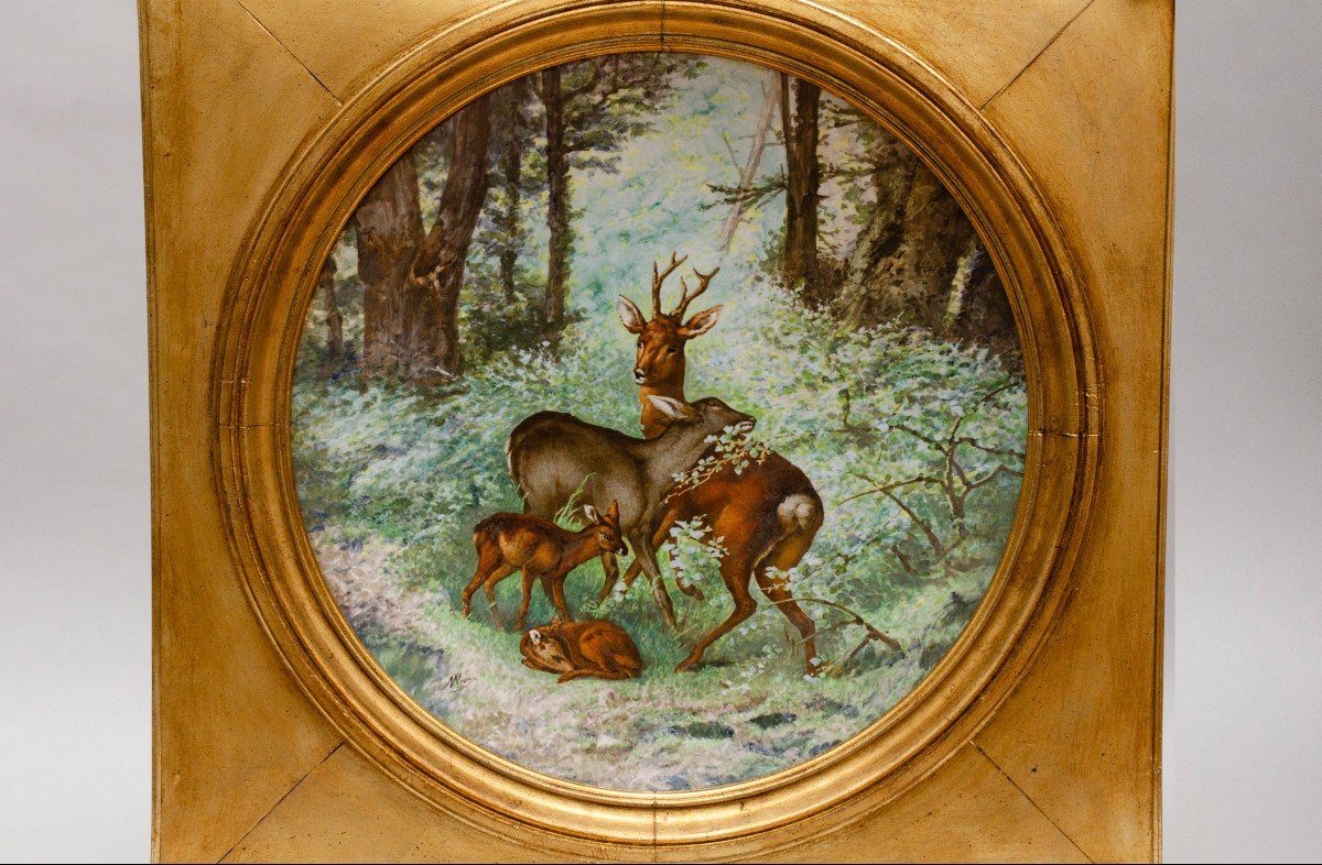 Pair Of Plates, “families Of Deer And Roe Deer”, Earthenware, Signed Narcisse Vivien. France-photo-4