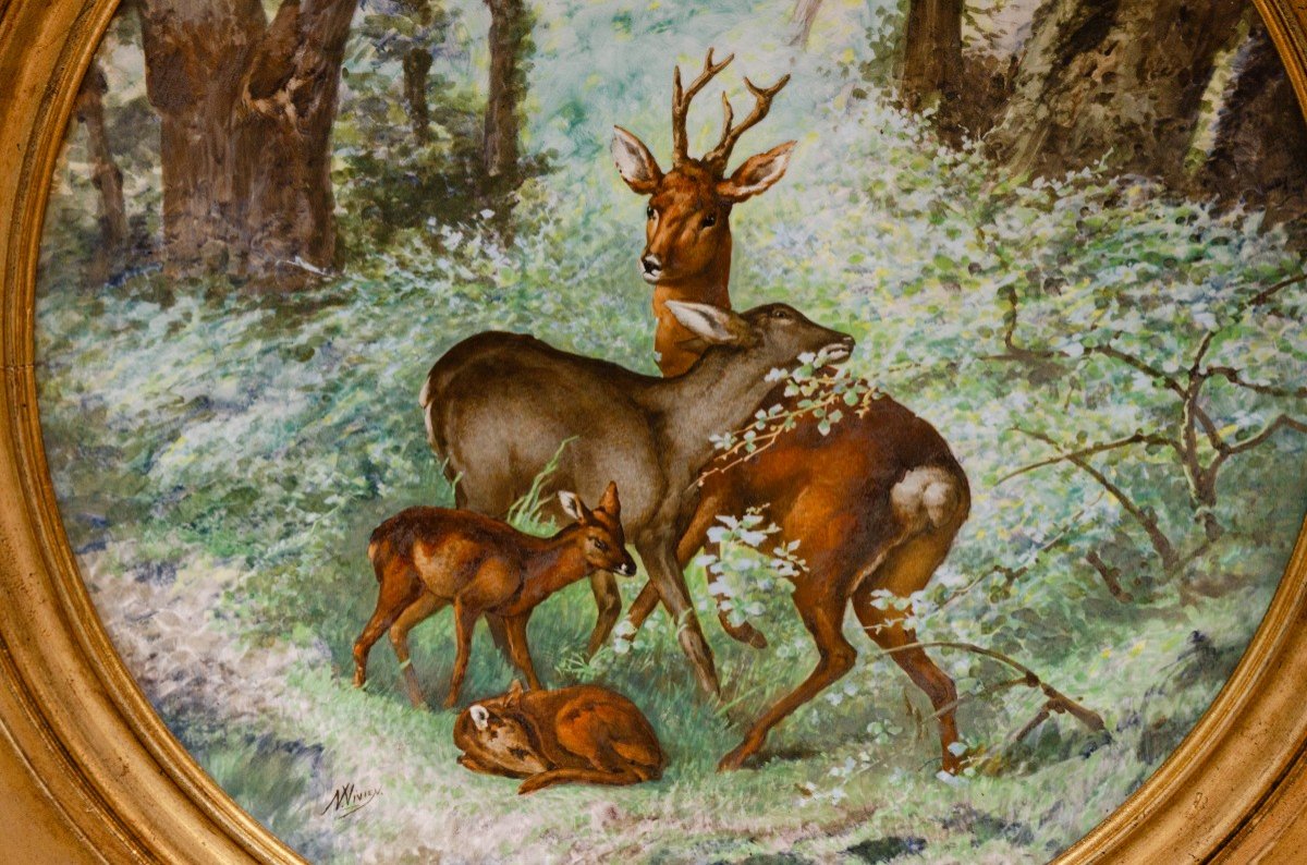 Pair Of Plates, “families Of Deer And Roe Deer”, Earthenware, Signed Narcisse Vivien. France-photo-5