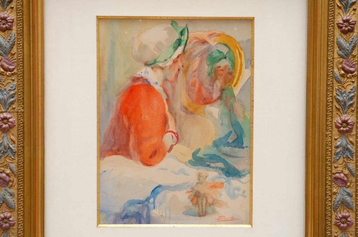 Watercolour "woman In Mirror", Lentrein Jules (1875-1943)-photo-2