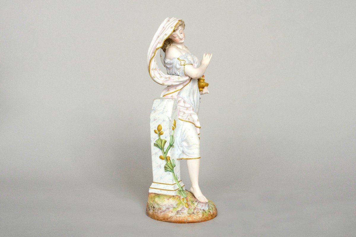 Allegory "woman With Oil Lamp", Polychrome Biscuit, Limoges, Gibus Et Redon, 19th Century-photo-4