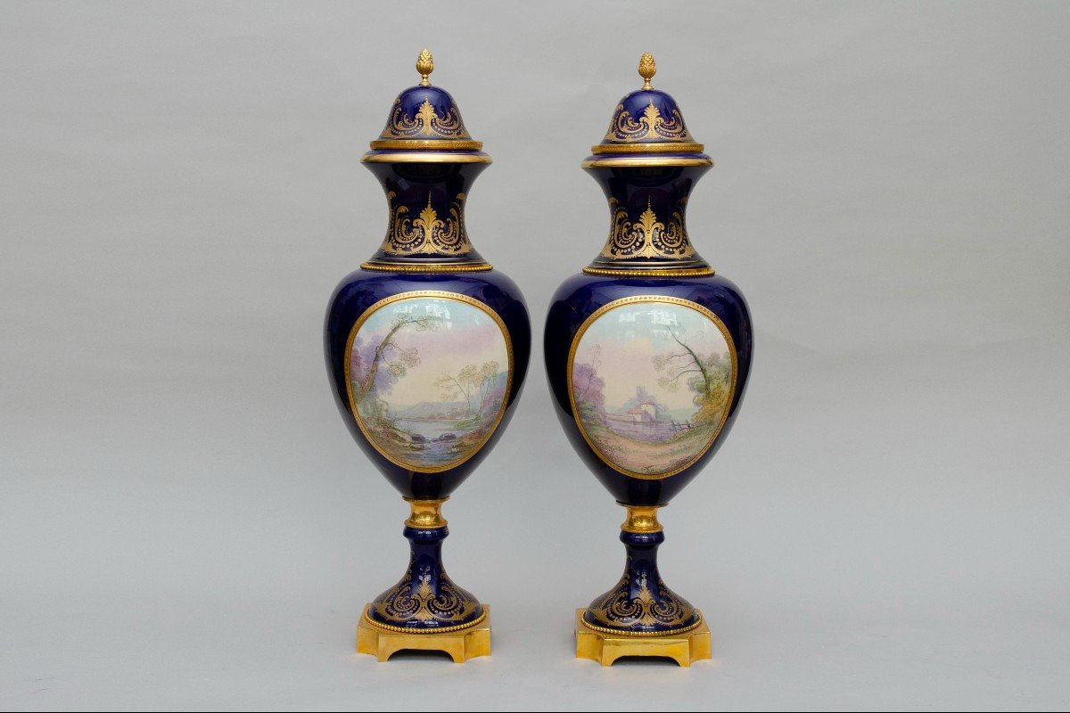 Grande Paire De Vases Balustres Sur Piédouche Montés Sur Bronze Style Sèvres, signé Carelle19e -photo-6