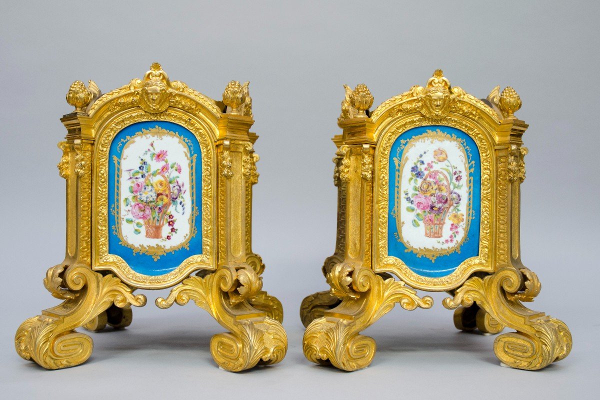 Beautiful Pair Of Jardinières, Porcelain Mounted On Gilt Bronze, Sèvres Style, Paris 19th Century-photo-4