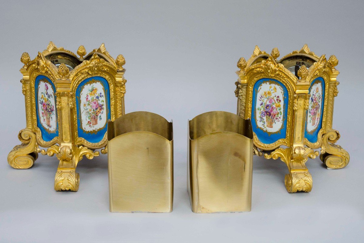 Beautiful Pair Of Jardinières, Porcelain Mounted On Gilt Bronze, Sèvres Style, Paris 19th Century-photo-3