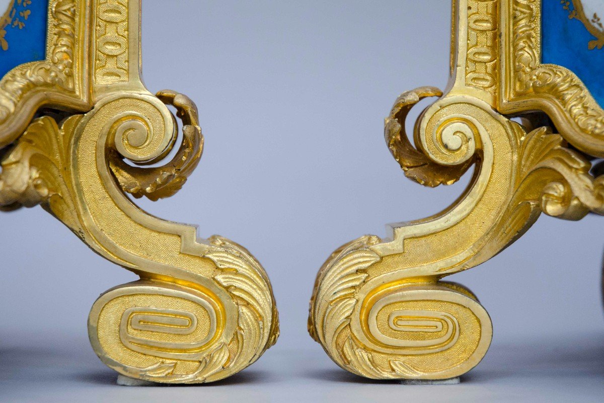 Beautiful Pair Of Jardinières, Porcelain Mounted On Gilt Bronze, Sèvres Style, Paris 19th Century-photo-4