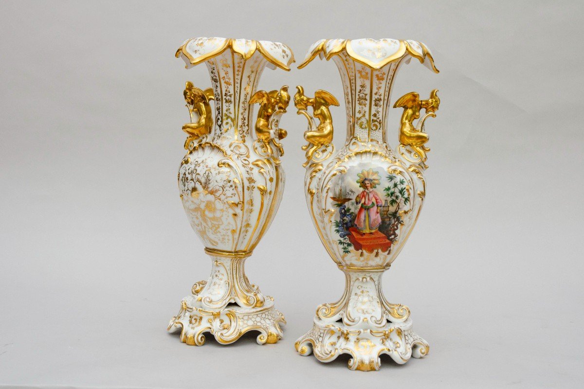 Rare Pair Of Vases With "chinoiserie", Rocaille, Attr. Jacob Petit, Paris, 19th Century-photo-1