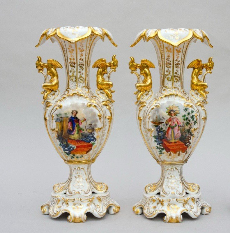 Rare Pair Of Vases With "chinoiserie", Rocaille, Attr. Jacob Petit, Paris, 19th Century