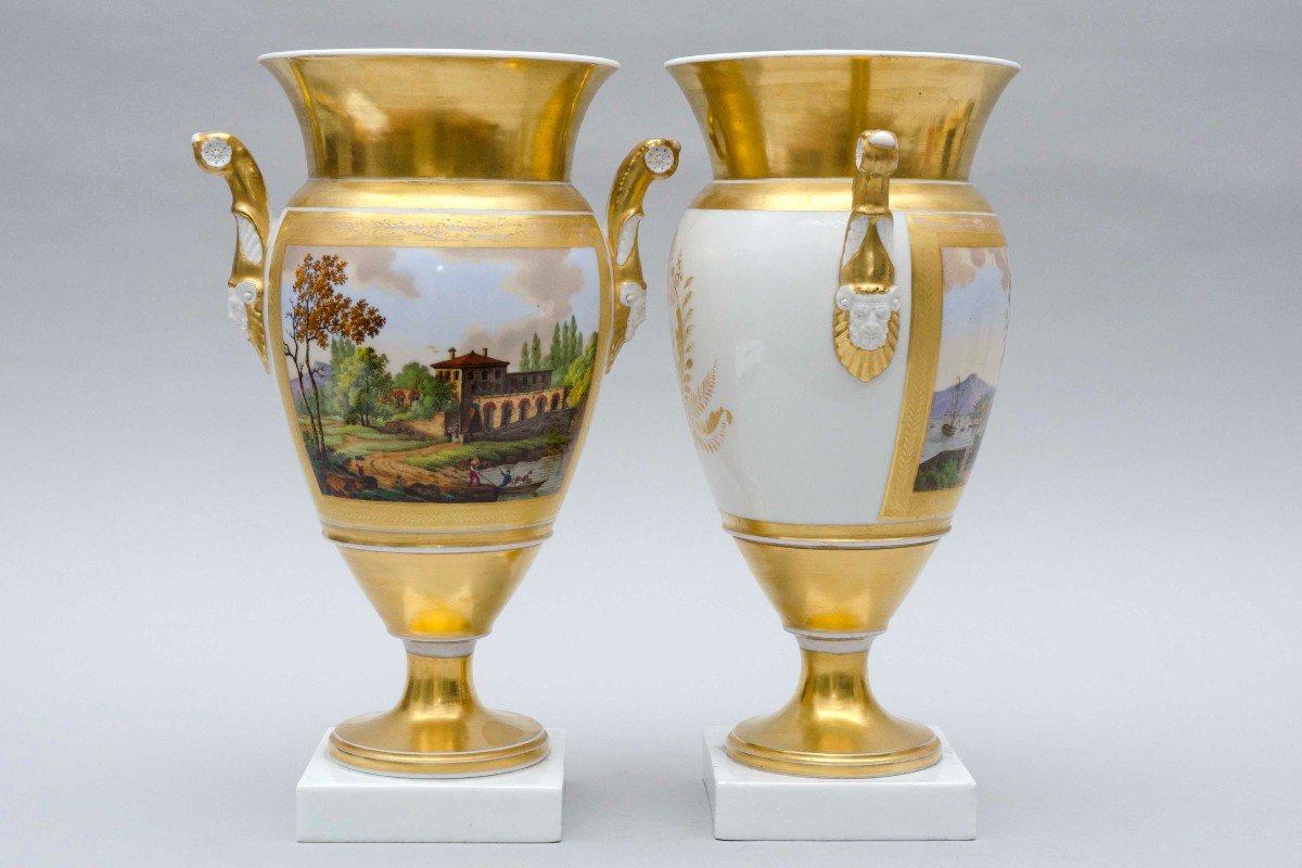 Paire De Vases Ovoïdes évasés, Paysages Lacustres, Porcelaine De Bruxelles 19e Siècle-photo-2