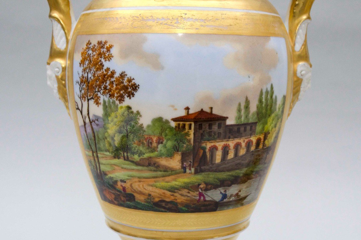 Paire De Vases Ovoïdes évasés, Paysages Lacustres, Porcelaine De Bruxelles 19e Siècle-photo-3