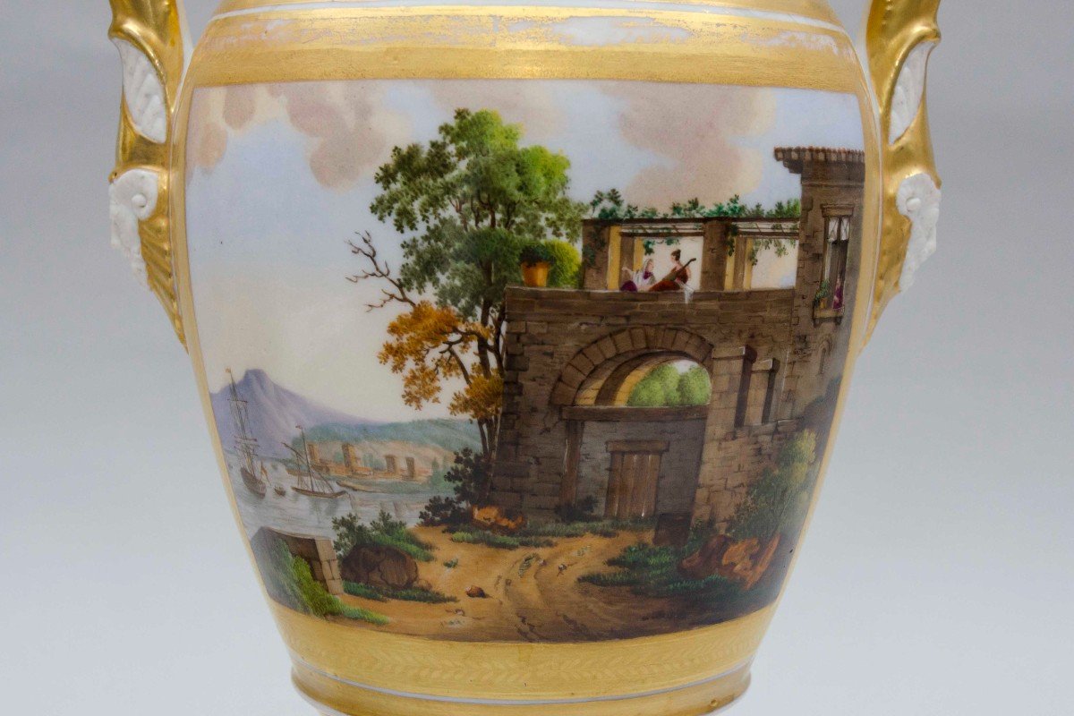 Paire De Vases Ovoïdes évasés, Paysages Lacustres, Porcelaine De Bruxelles 19e Siècle-photo-4