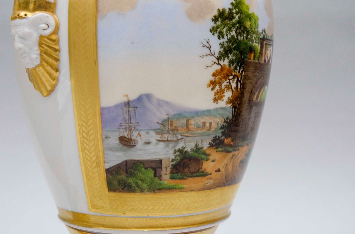 Paire De Vases Ovoïdes évasés, Paysages Lacustres, Porcelaine De Bruxelles 19e Siècle-photo-1