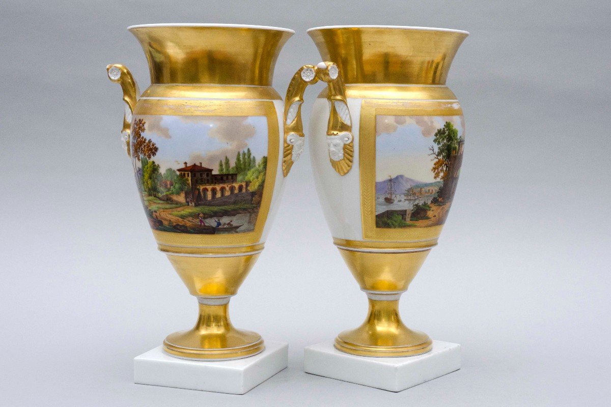 Paire De Vases Ovoïdes évasés, Paysages Lacustres, Porcelaine De Bruxelles 19e Siècle-photo-2