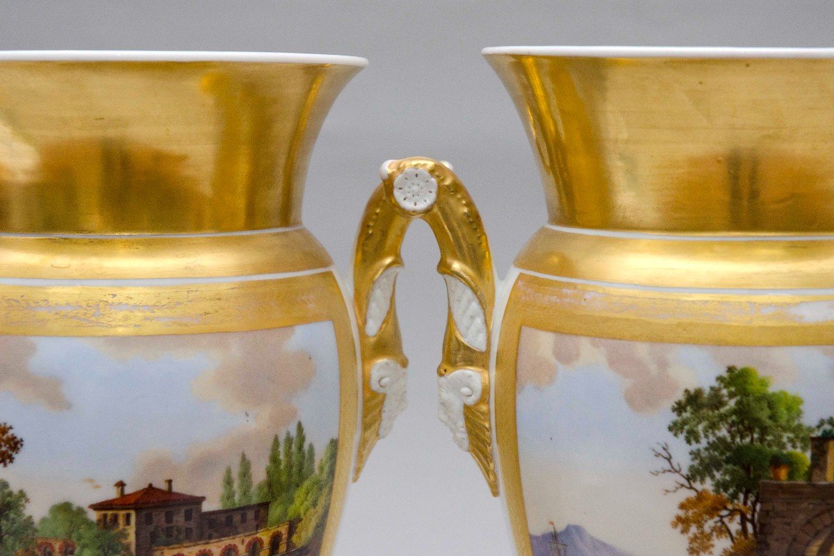 Paire De Vases Ovoïdes évasés, Paysages Lacustres, Porcelaine De Bruxelles 19e Siècle-photo-3