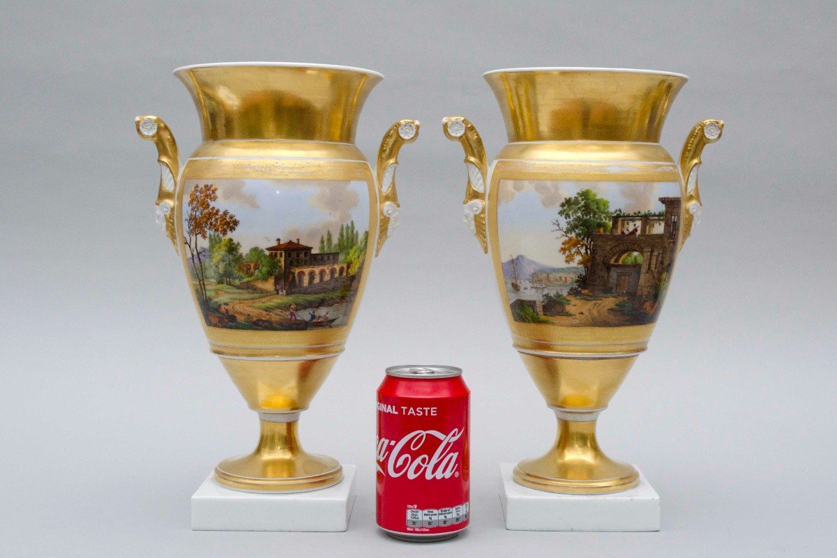 Paire De Vases Ovoïdes évasés, Paysages Lacustres, Porcelaine De Bruxelles 19e Siècle-photo-4