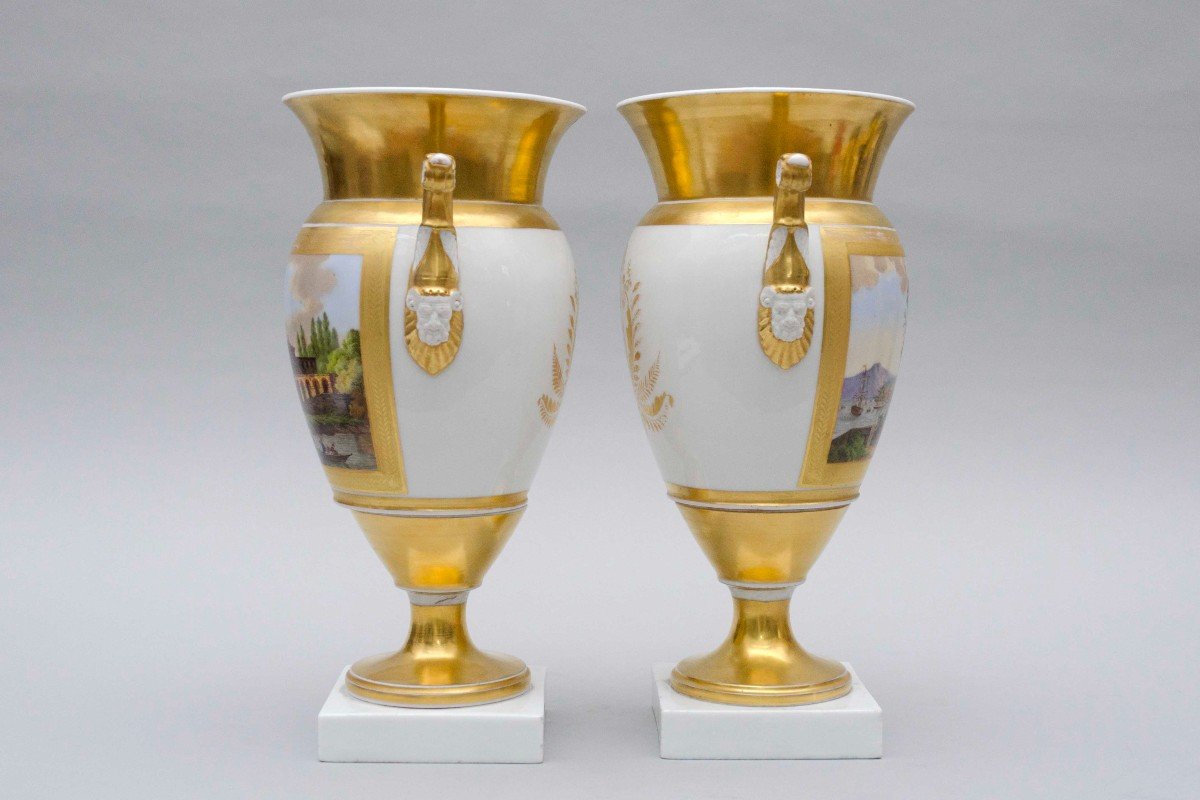 Paire De Vases Ovoïdes évasés, Paysages Lacustres, Porcelaine De Bruxelles 19e Siècle-photo-6