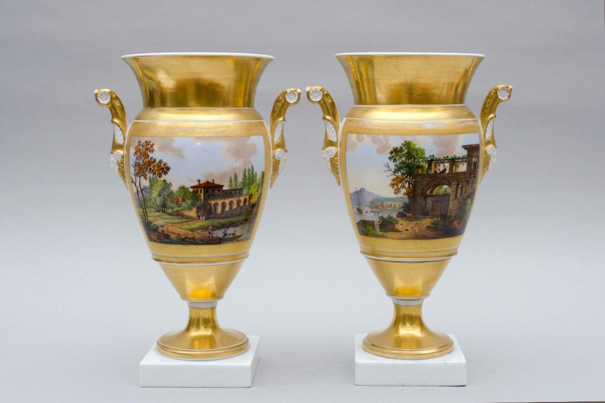 Paire De Vases Ovoïdes évasés, Paysages Lacustres, Porcelaine De Bruxelles 19e Siècle