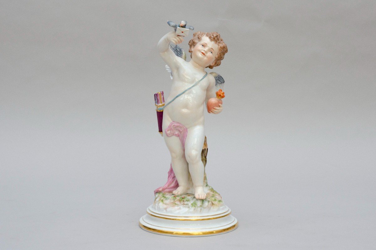 Grand "cupidon Envoyant Une Lettre d'Amour", Porcelaine De Meissen, 19e Siècle-photo-3