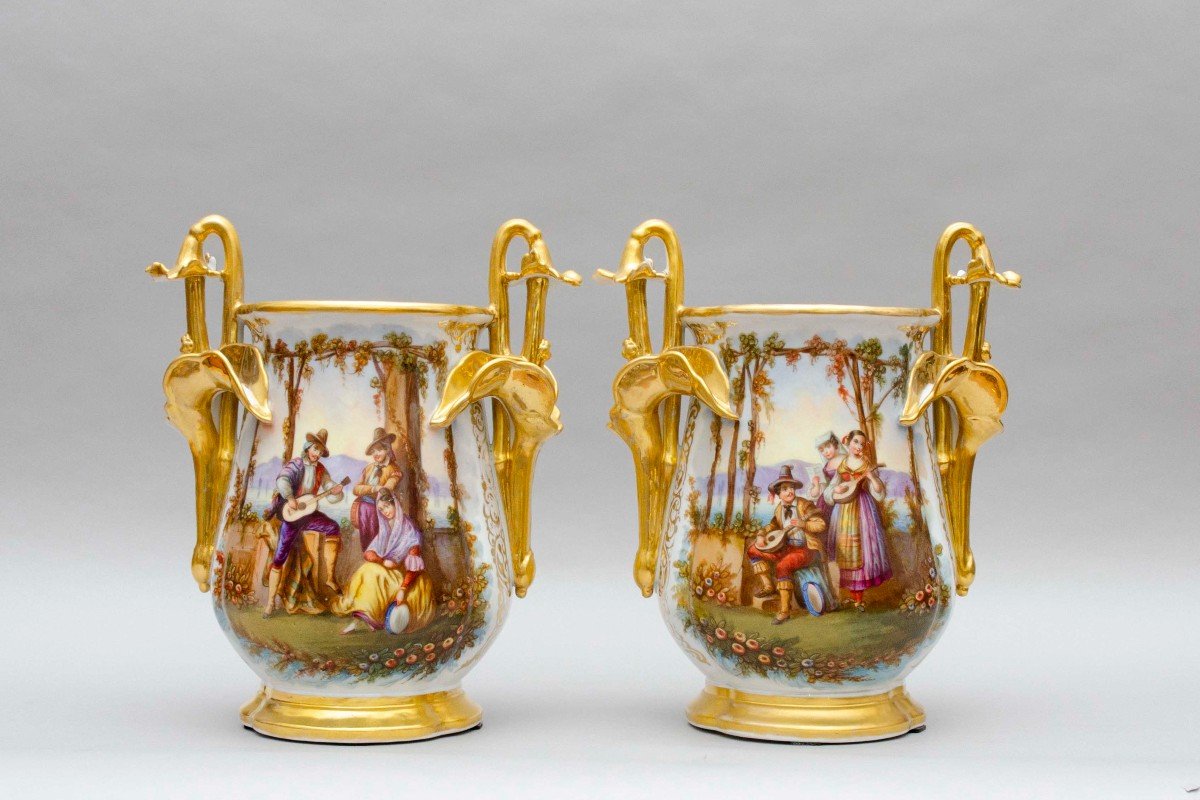 Grande Paire De Cache-pots, Scènes Italianisantes, Attrib. Haviland à Limoges, Milieu 19e Siècl