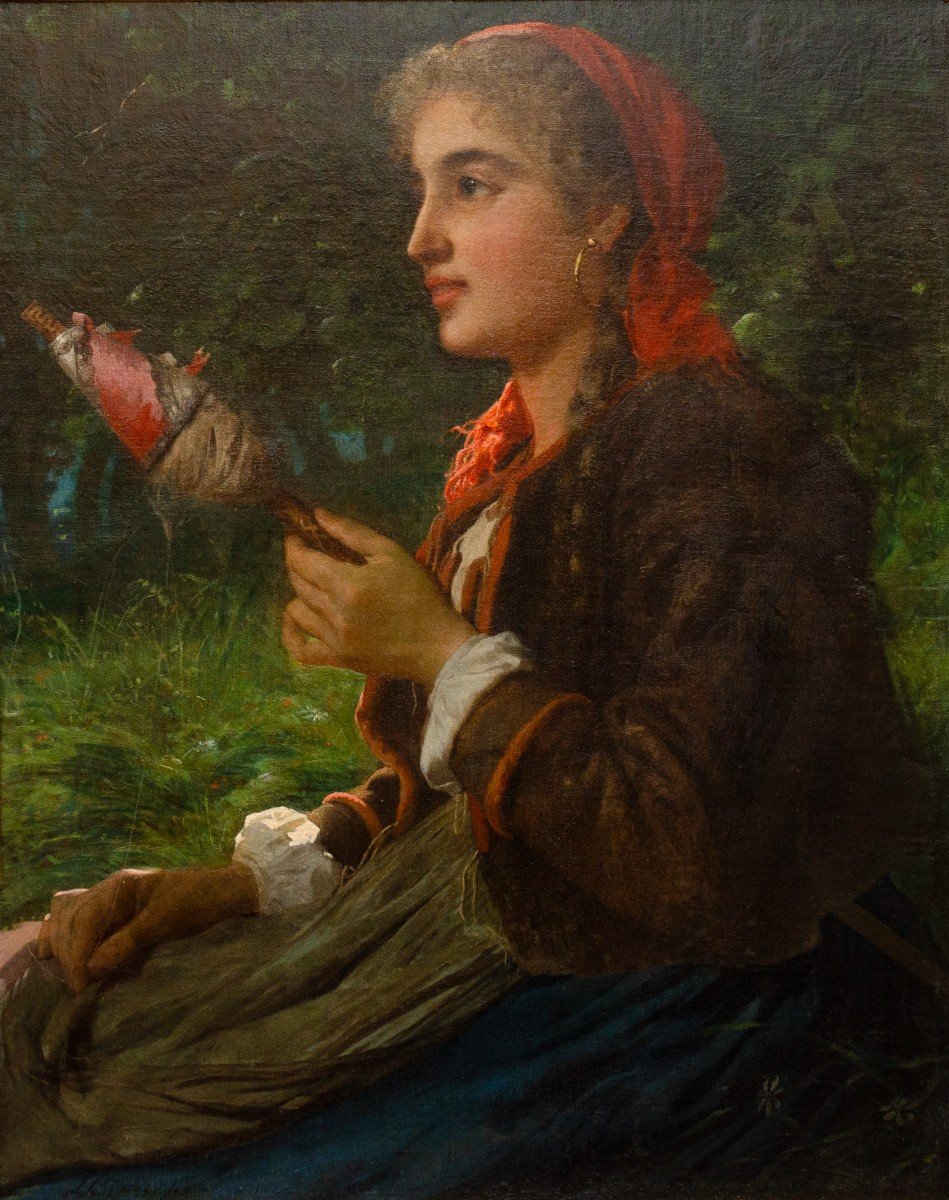 « La Fileuse » Huile Sur Toile, Luigi Bianchi (milan 1827 - 1914) école italienne-photo-4