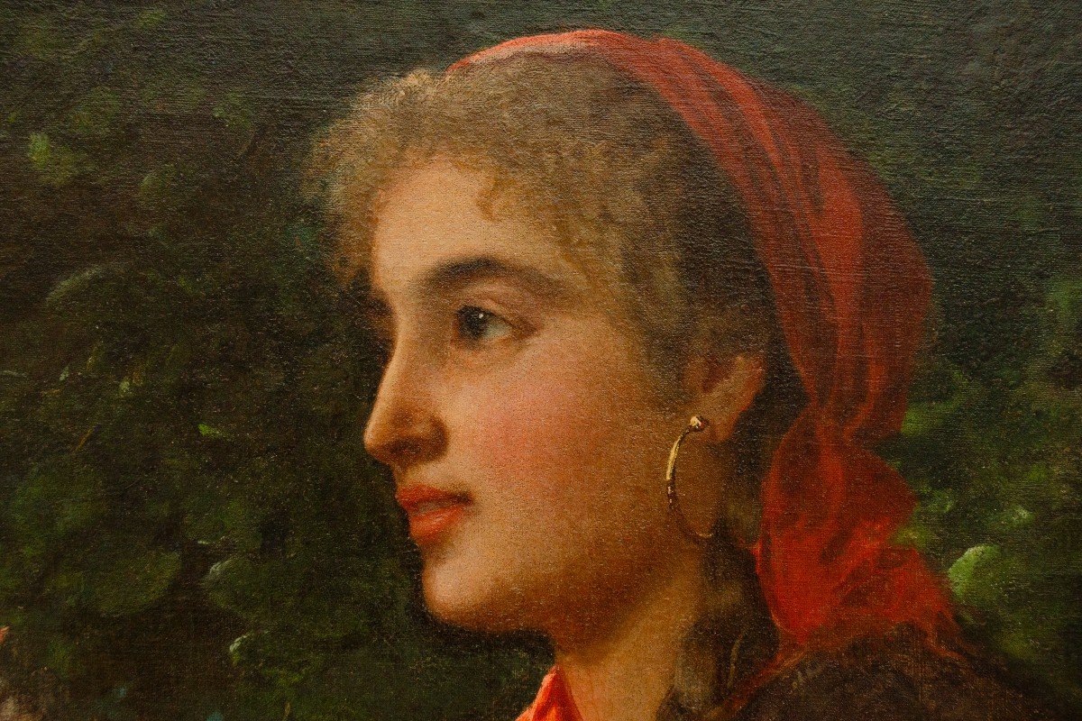 « La Fileuse » Huile Sur Toile, Luigi Bianchi (milan 1827 - 1914) école italienne-photo-7