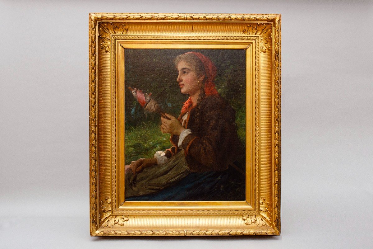 « La Fileuse » Huile Sur Toile, Luigi Bianchi (milan 1827 - 1914) école italienne