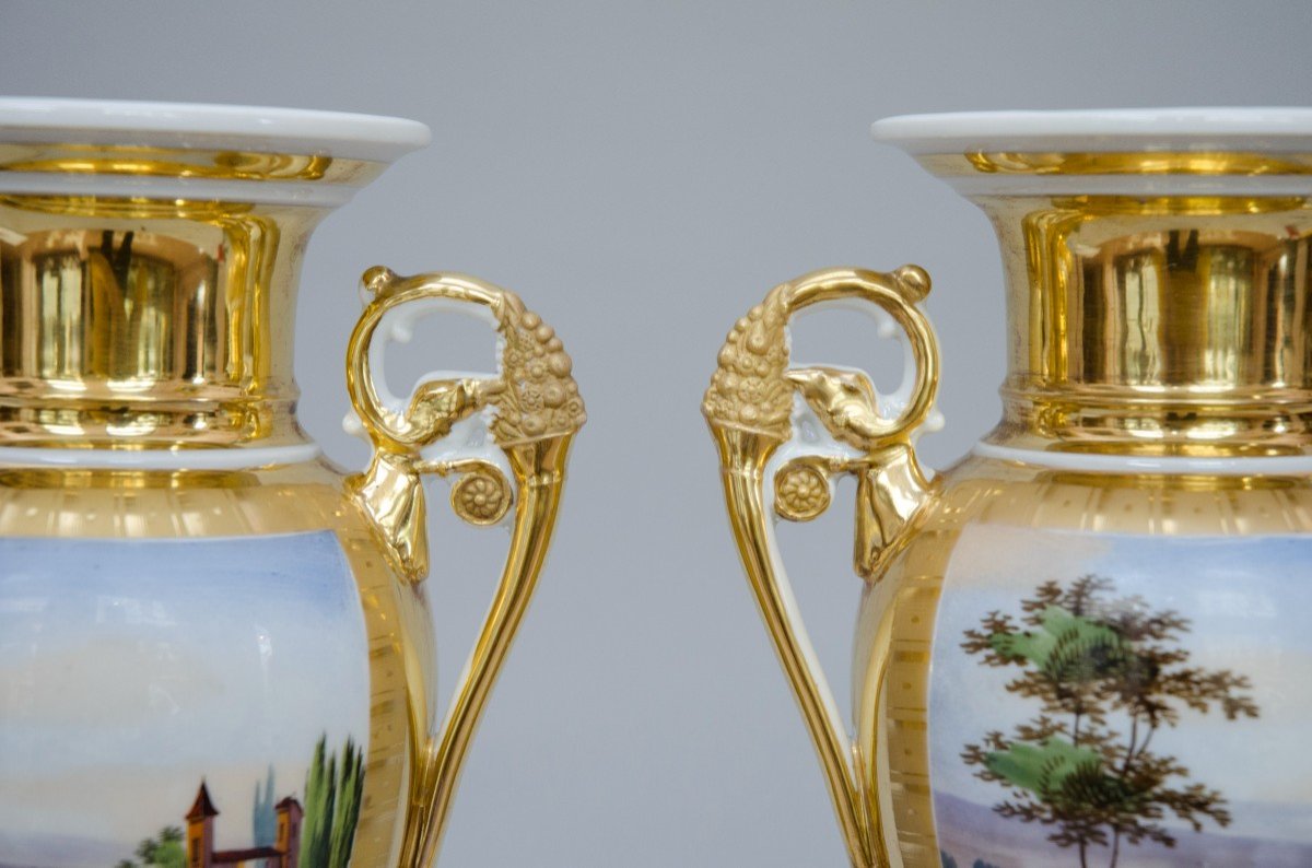 Pair Of Ovoid Vases On Square Bases, Brussels Porcelain, 19th Century-photo-3