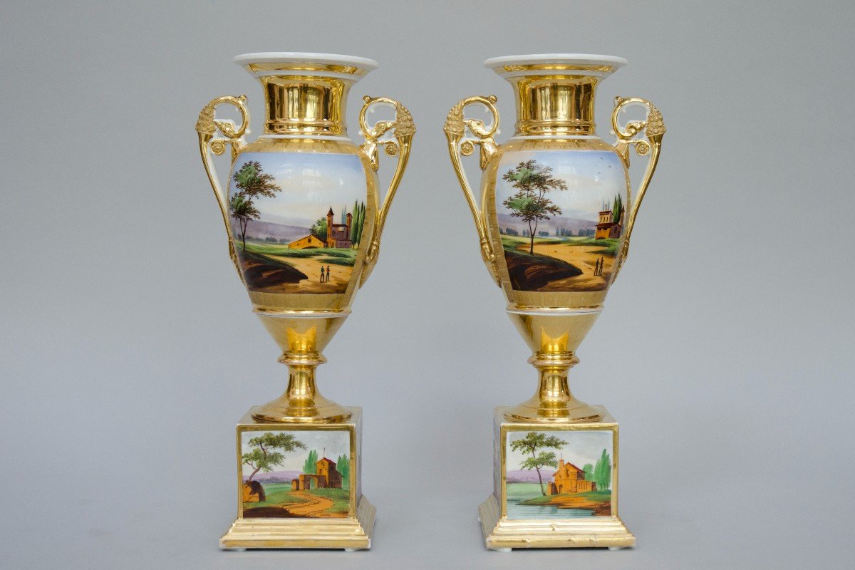 Pair Of Ovoid Vases On Square Bases, Brussels Porcelain, 19th Century-photo-4