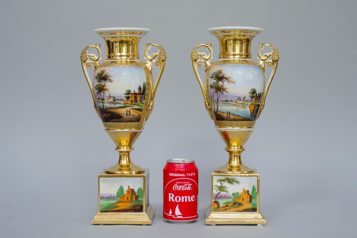 Pair Of Ovoid Vases On Square Bases, Brussels Porcelain, 19th Century-photo-1