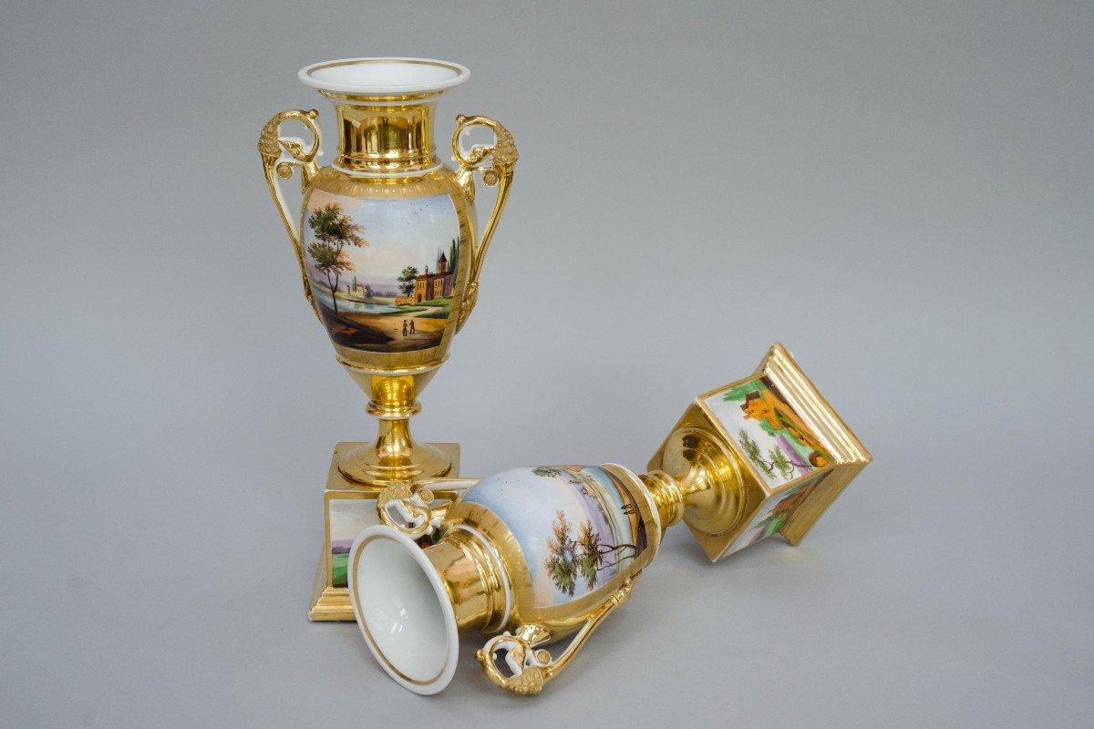 Pair Of Ovoid Vases On Square Bases, Brussels Porcelain, 19th Century-photo-2