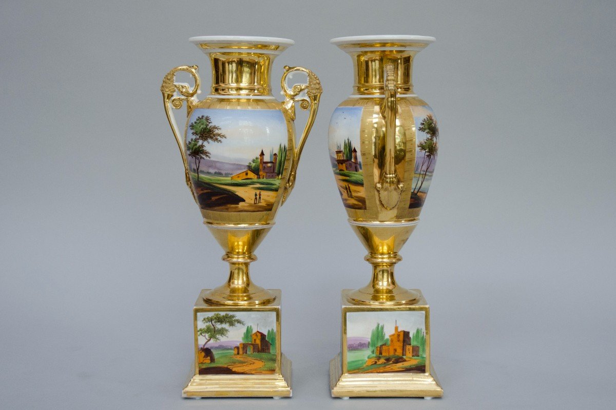 Pair Of Ovoid Vases On Square Bases, Brussels Porcelain, 19th Century-photo-3